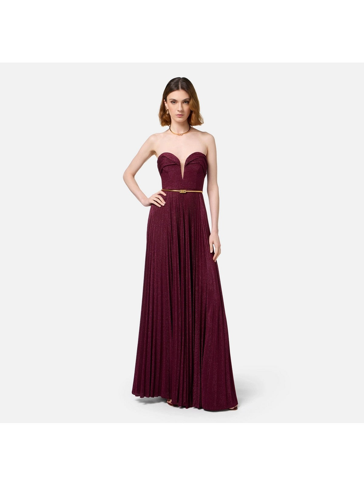 Abito Elisabetta Franchi Rosso Red Carpet in Jersey Lurex Plissettato Con Cintura - AB62847E2 CG3 - Stilato